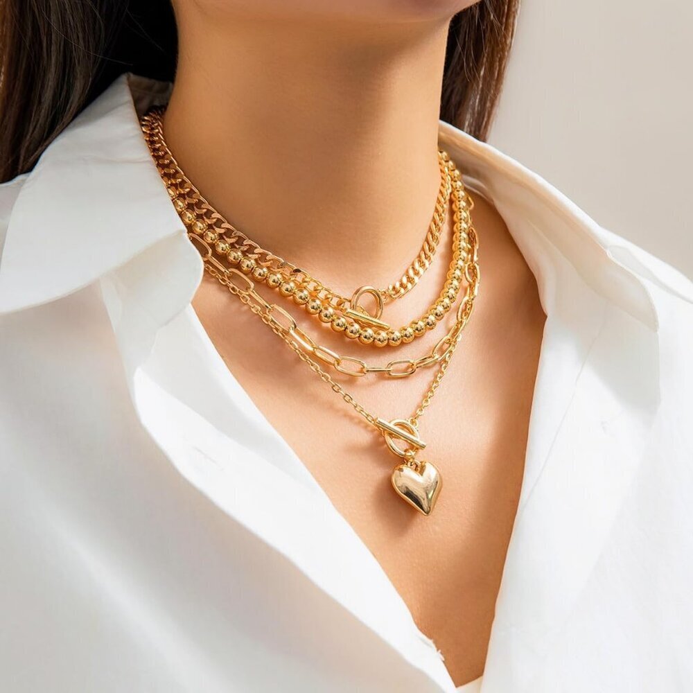 Women's Non Tarnish Chunky Necklace Stack Paperclip Chain Retro Coin Heart - Picture 3 of 9